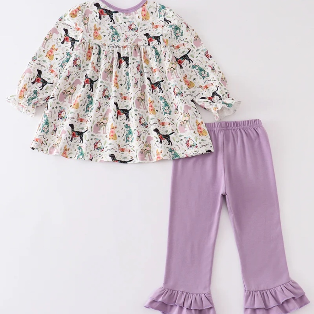 Honeydew Lavender Puppy print ruffle girls set